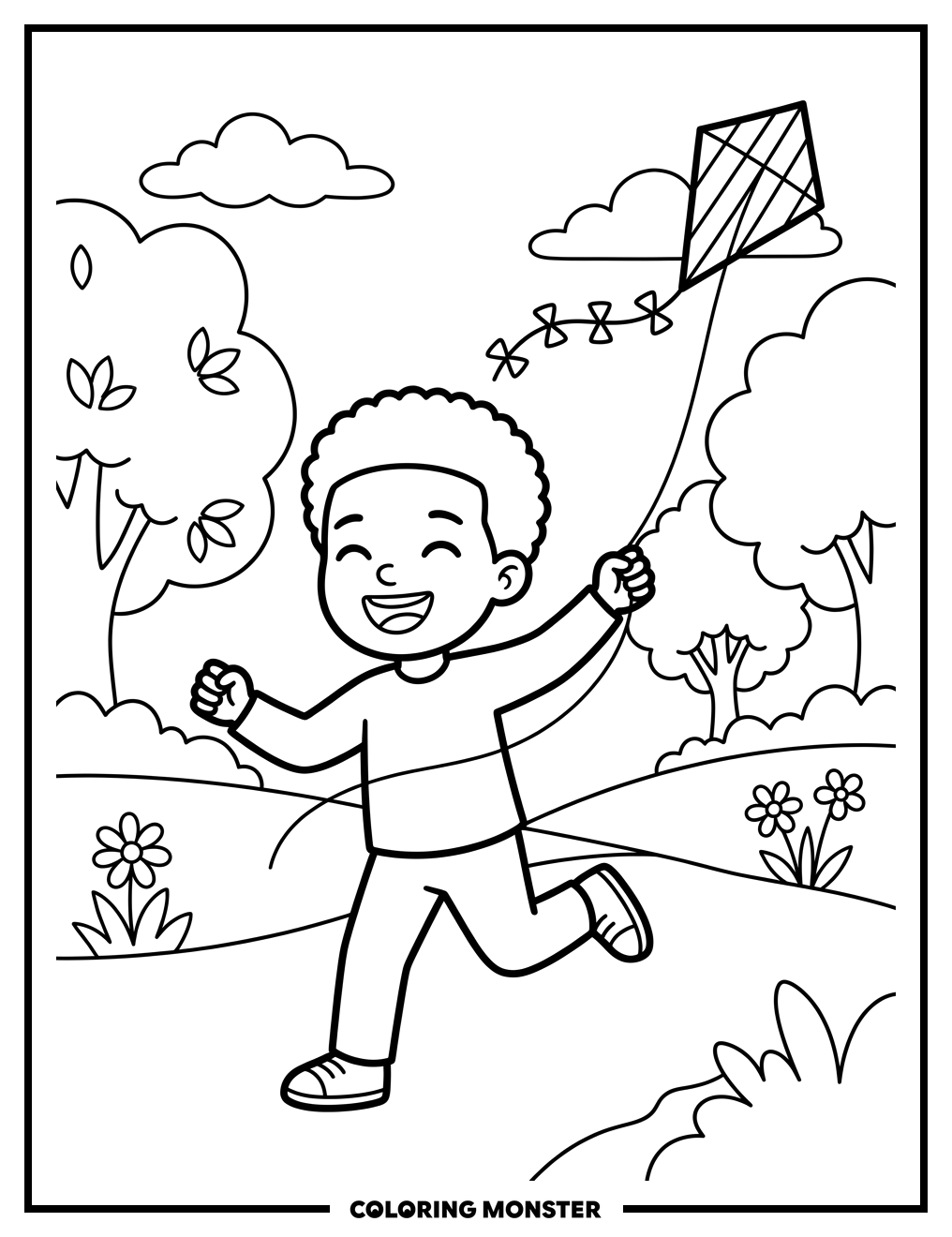 Child Flying a Kite in the Park Coloring Page
