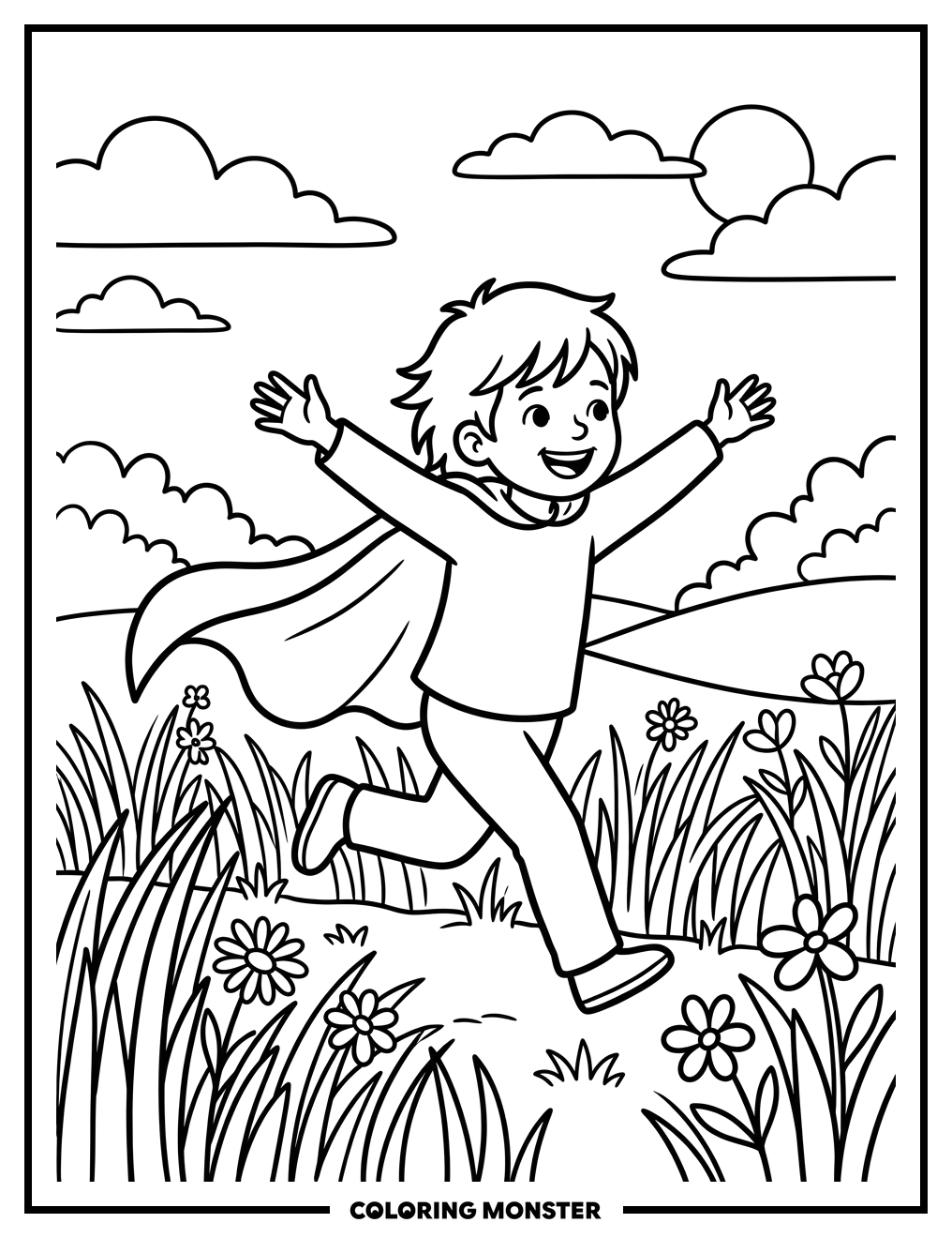 Child Flying in a Meadow Coloring Page