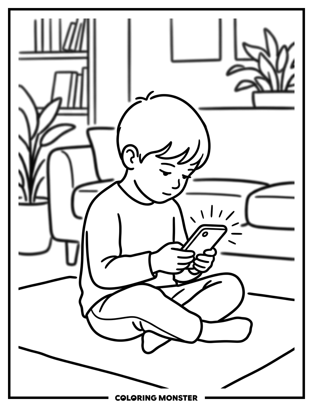 Child Focused on Smartphone Coloring Page