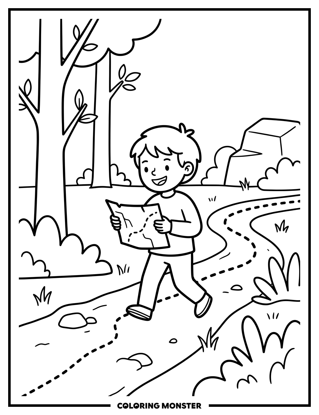 Child Follows Treasure Map Coloring Page
