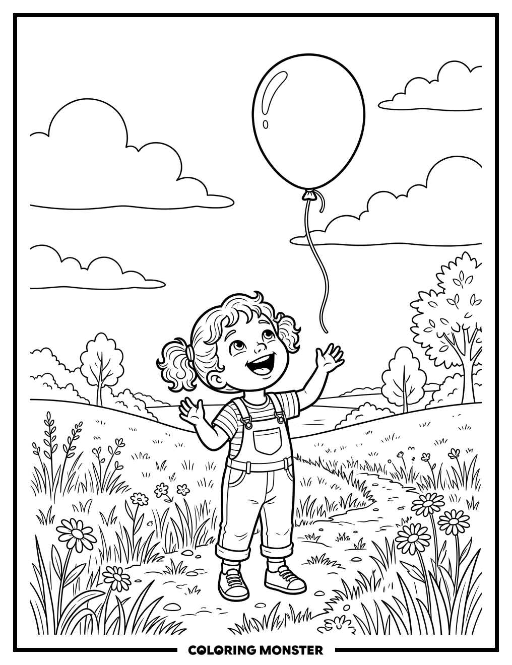 Child Gazing At A Floating Balloon Coloring Page
