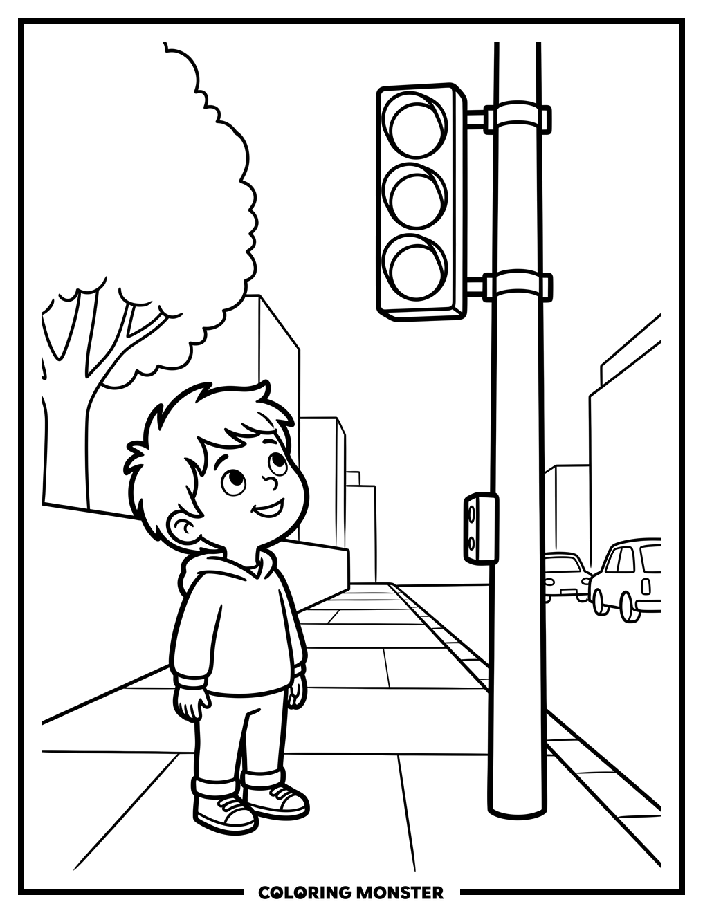 Child Gazing At Traffic Light Coloring Page