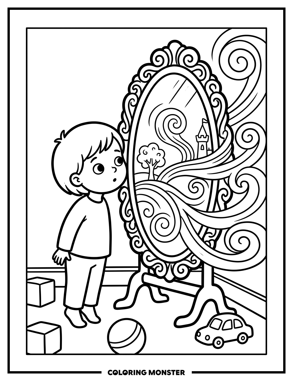 Child Gazing into Magical Mirror Coloring Page