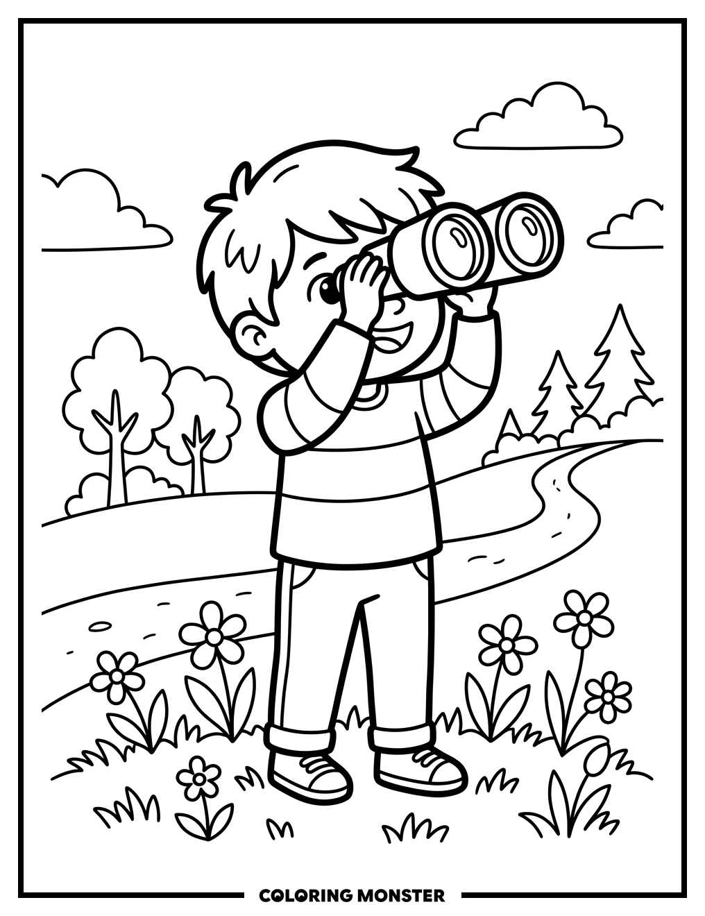 Child Gazing Through Binoculars Coloring Page