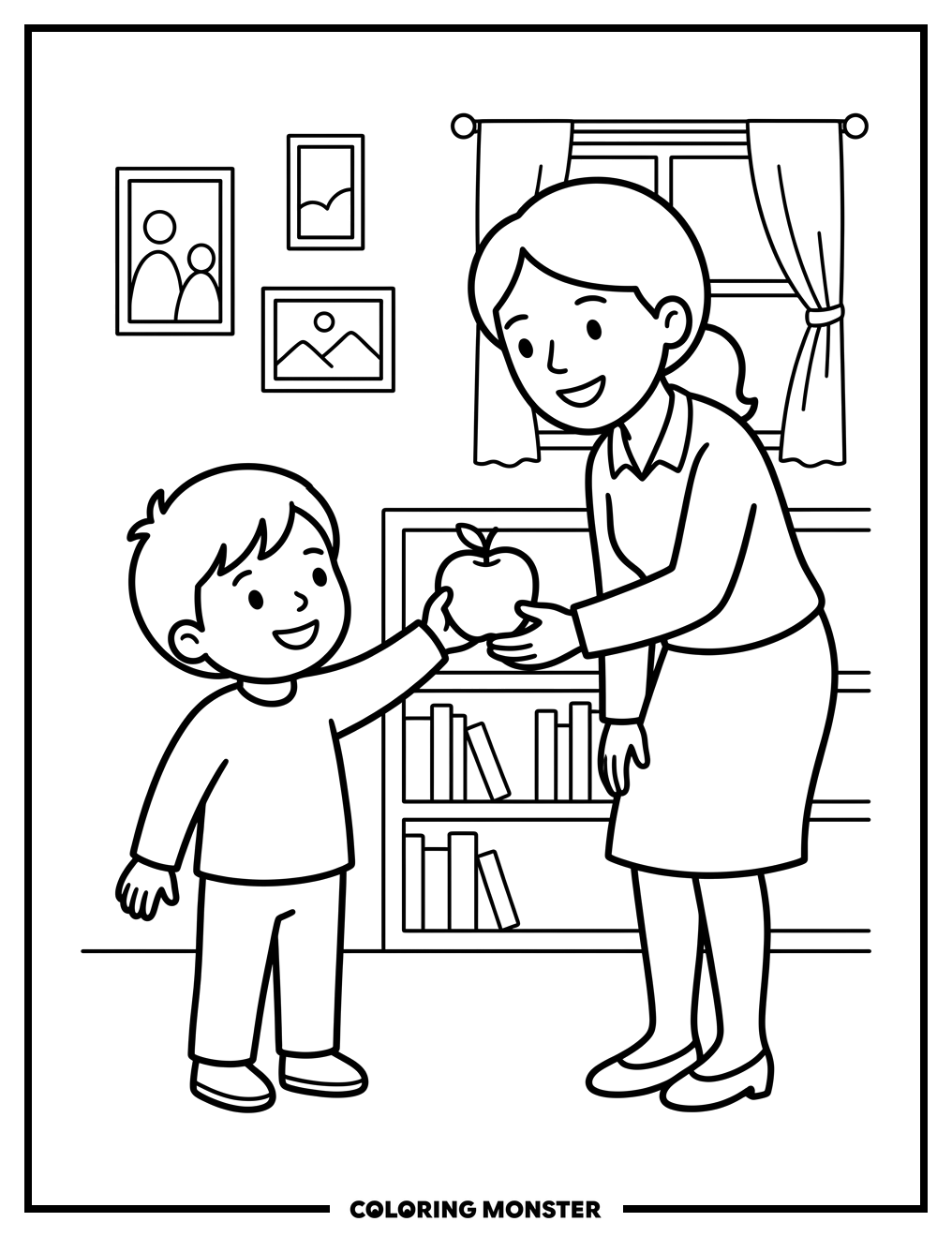 Child Gives Apple To Teacher Coloring Page