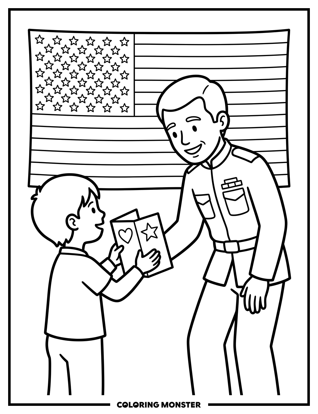 Child Gives Card To Veteran Coloring Page