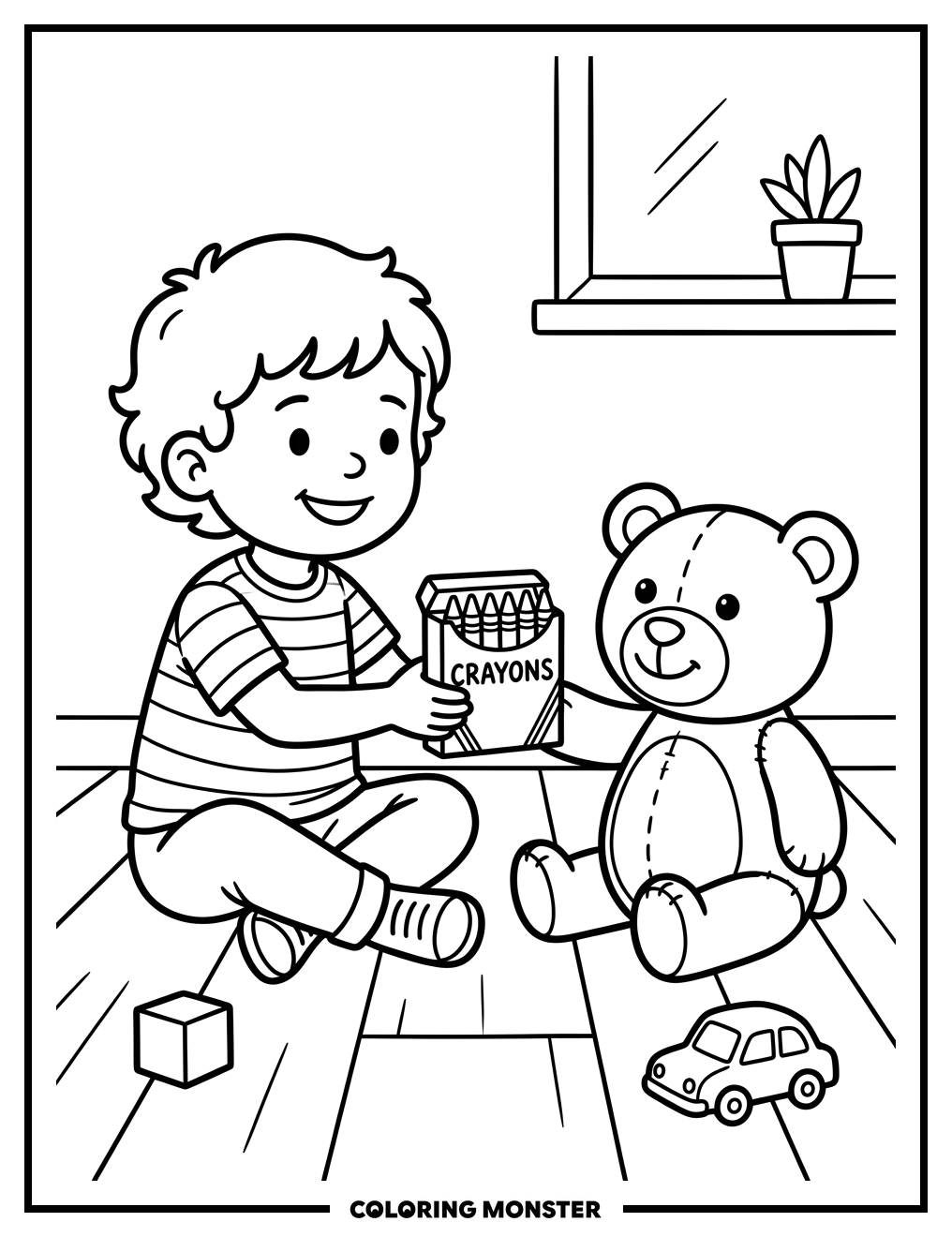 Child Gives Crayons To Teddy Bear Coloring Page