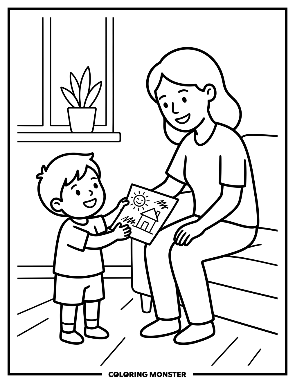 Child Gives Drawing To Parent Coloring Page