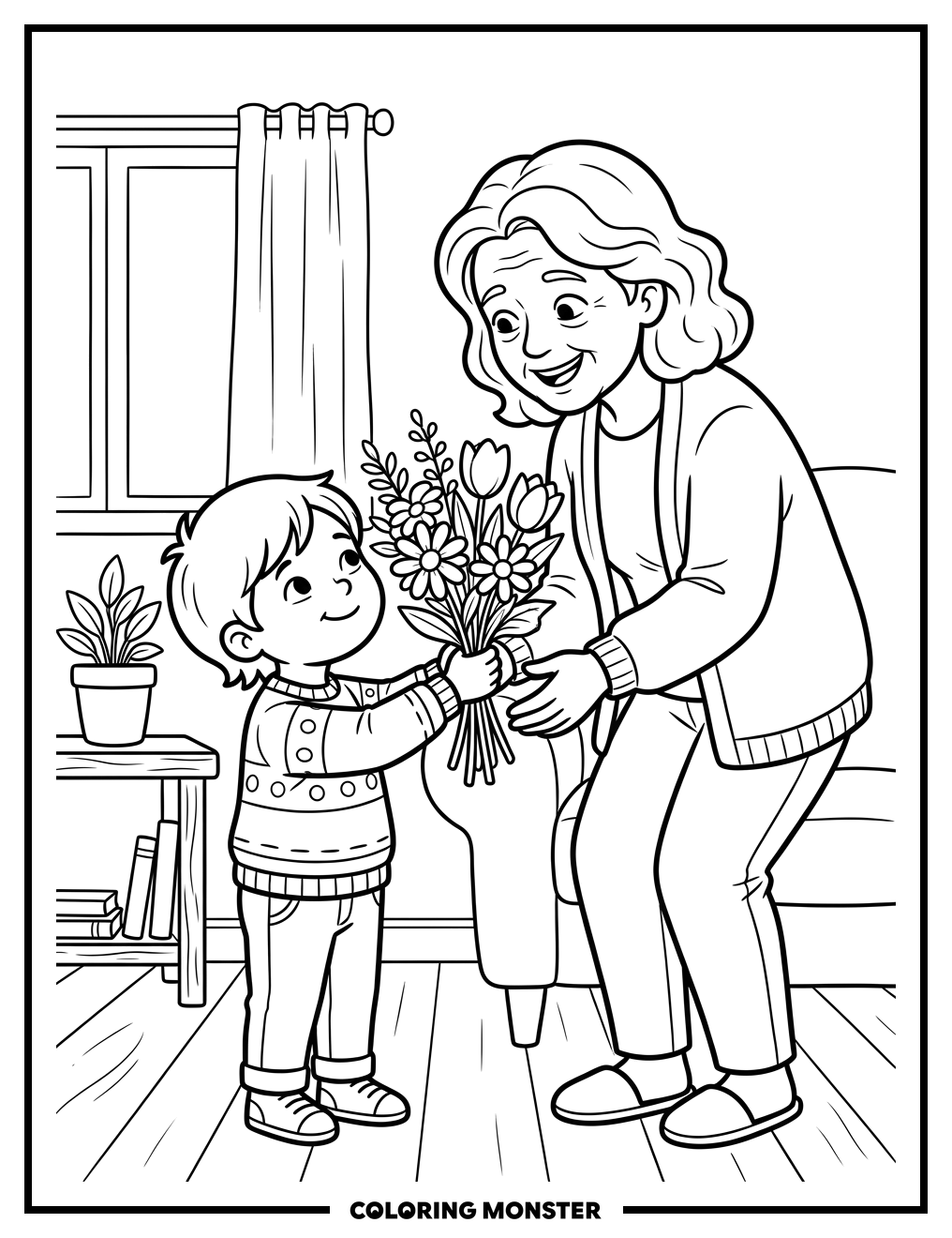 Child Gives Flowers to Parent Coloring Page