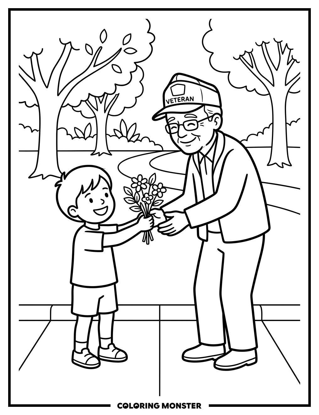 Child Gives Flowers to Veteran Coloring Page