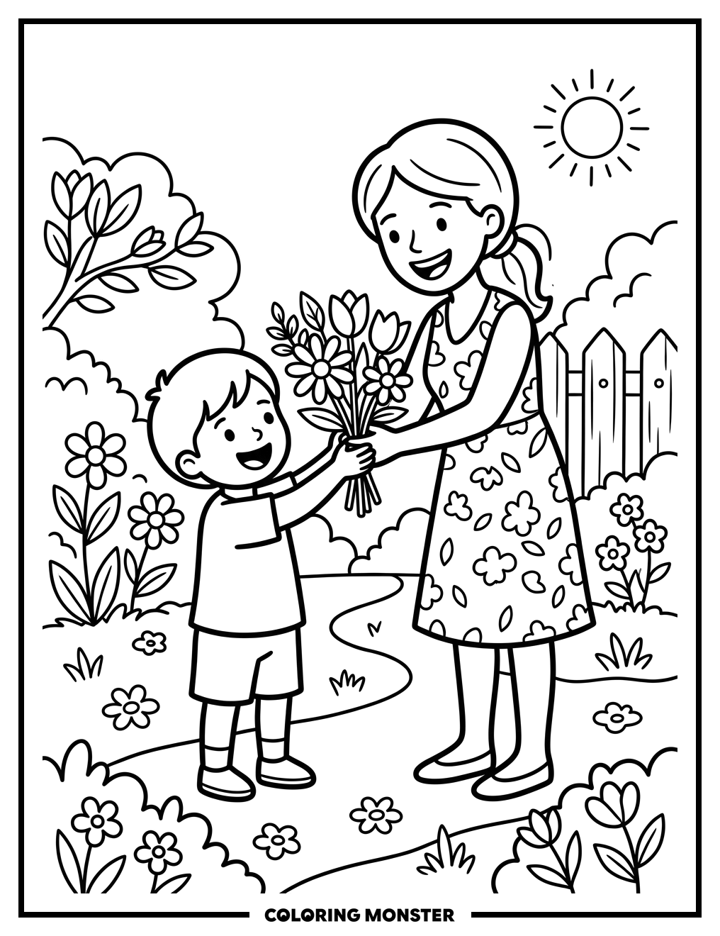 Child Gives Mother Flowers In Garden Coloring Page