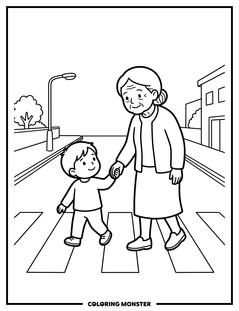 Child Helps Elder Cross Street Coloring Page