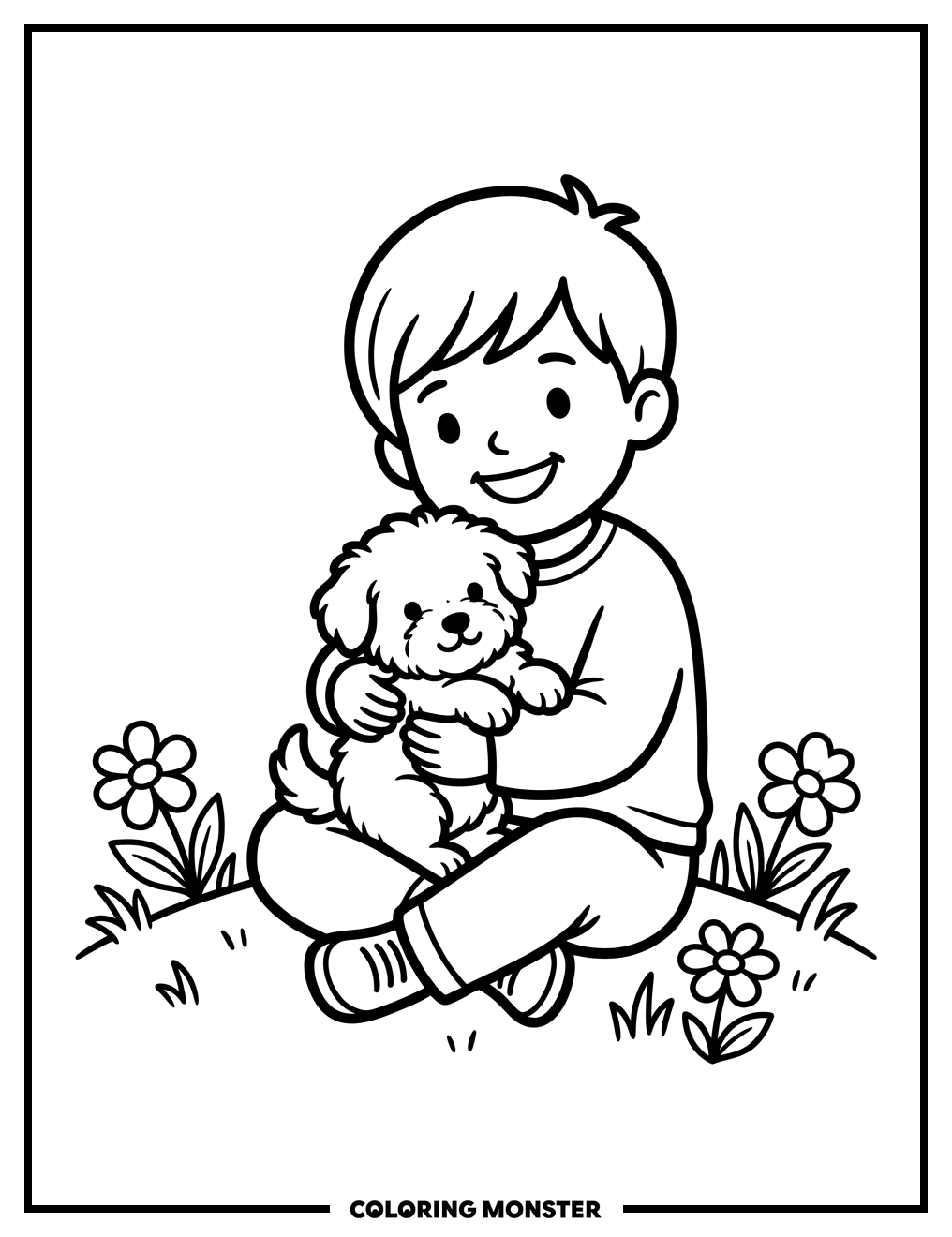 Child Holding a Fluffy Puppy Coloring Page