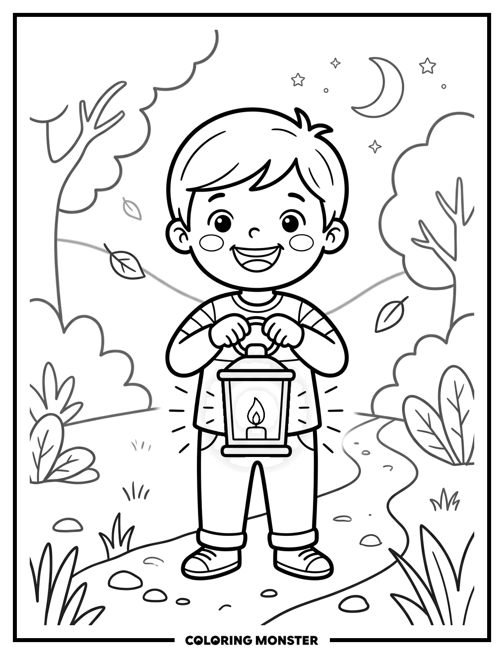 Child Holding a Glowing Lantern Coloring Page