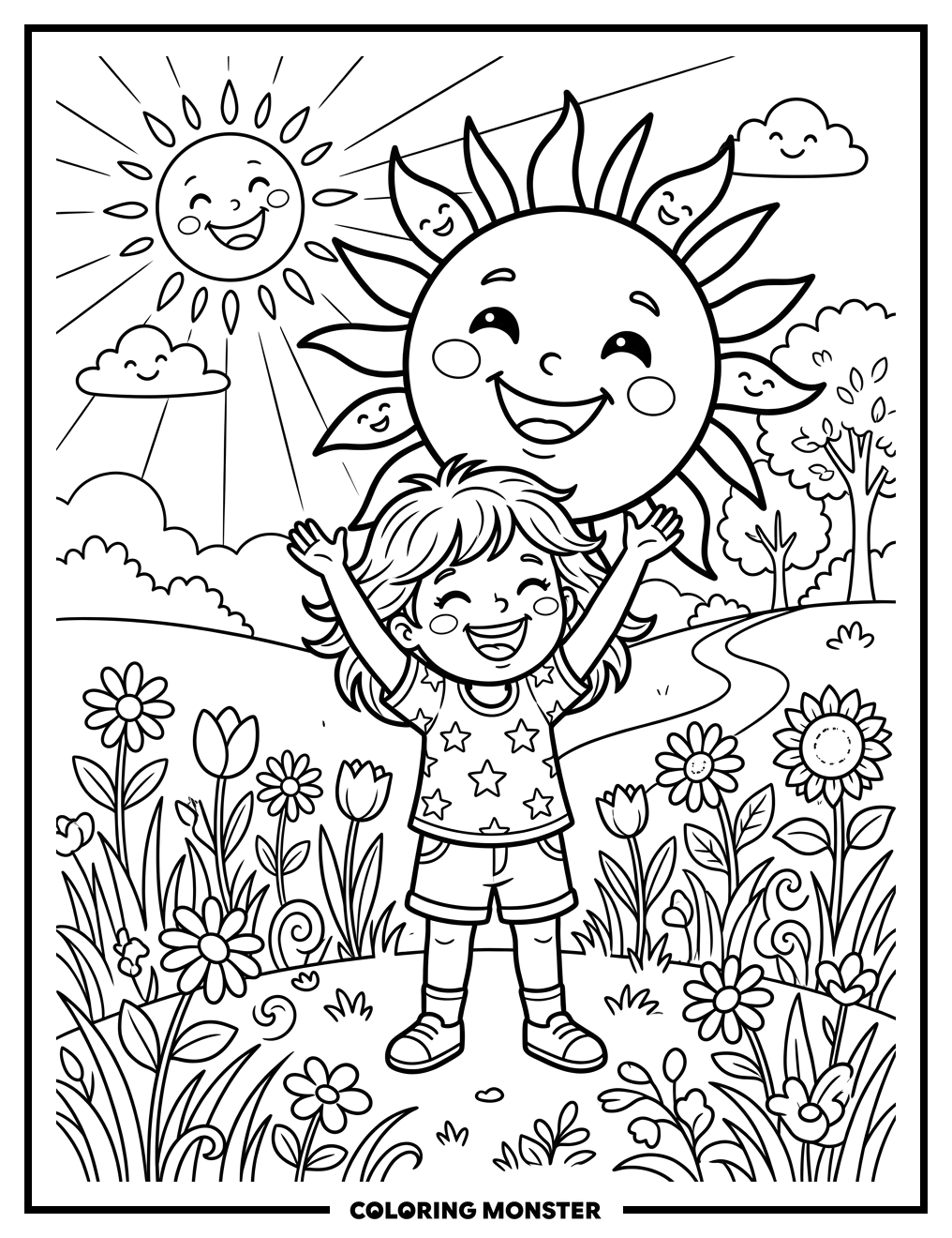 Child Holding a Smiling Sun Coloring Page