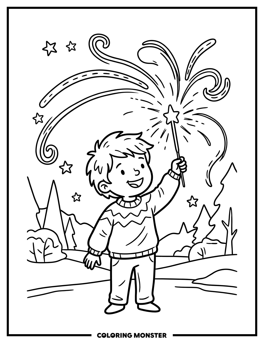 Child Holding a Sparkler Coloring Page