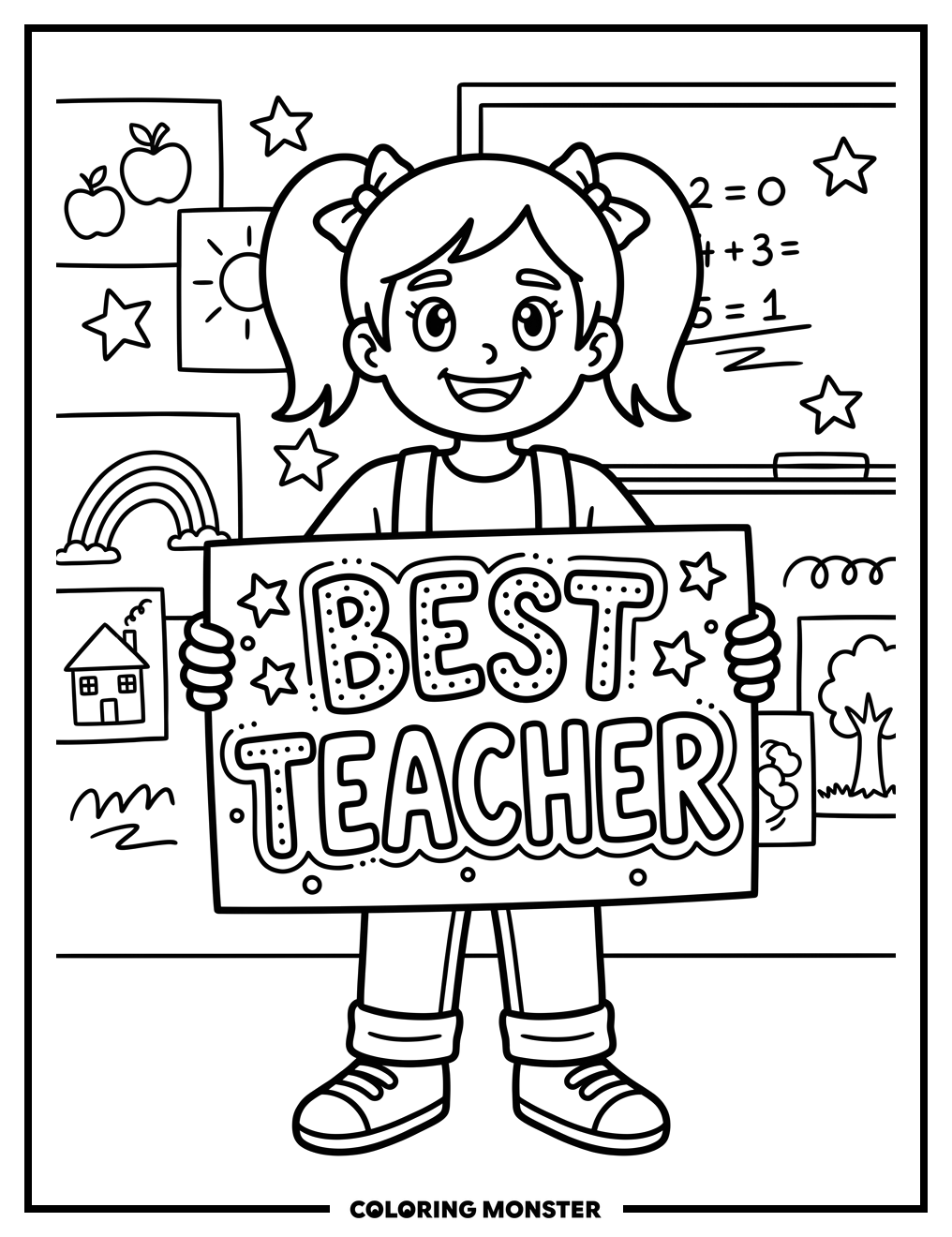 Child Holding 'Best Teacher' Sign Coloring Page