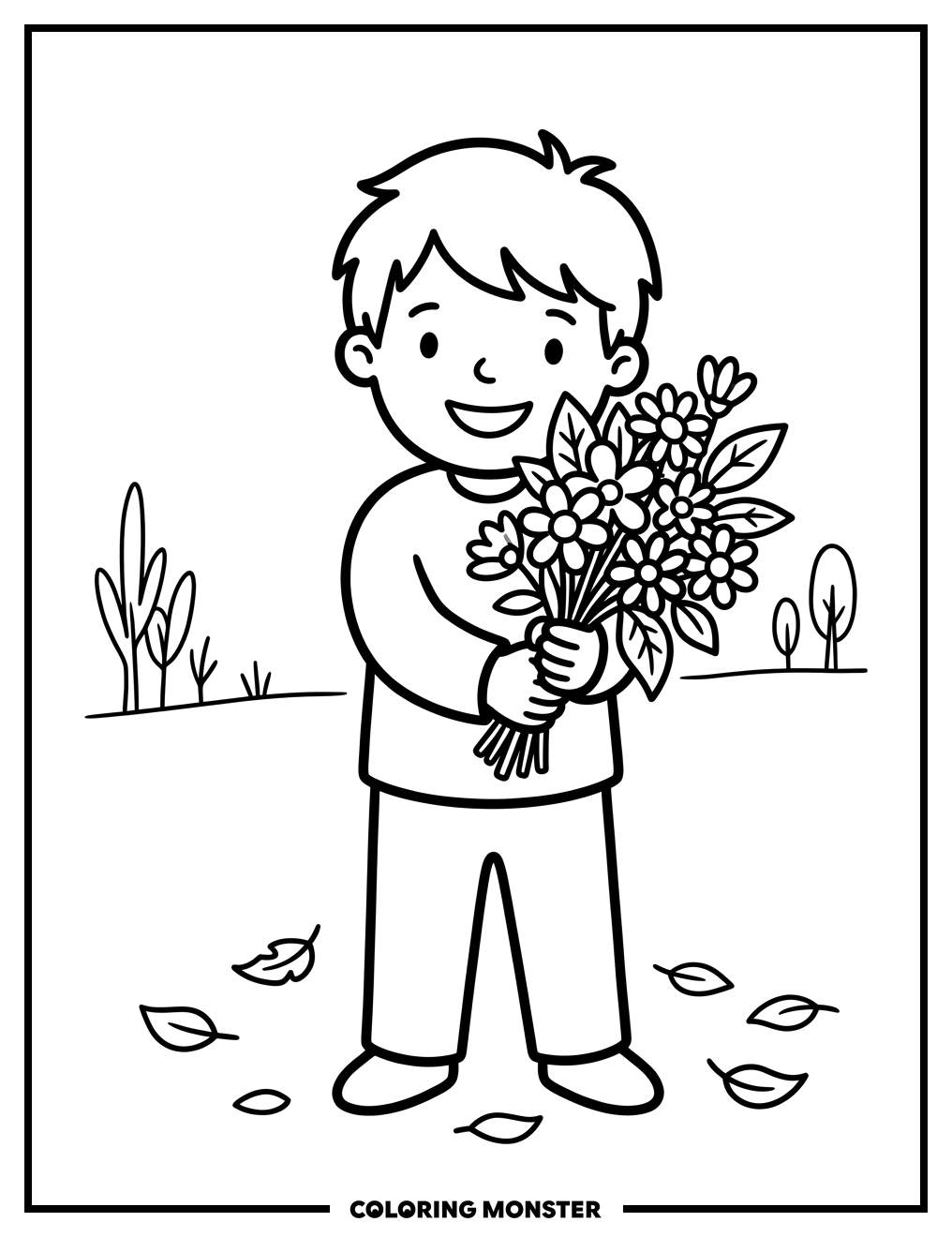 Child Holding Flowers Coloring Page