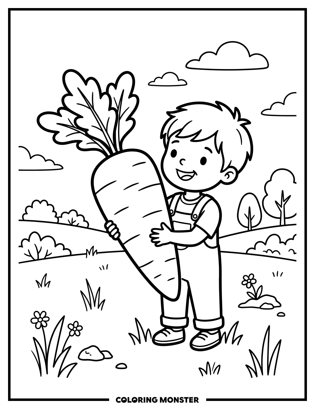 Child Holding Giant Carrot Coloring Page