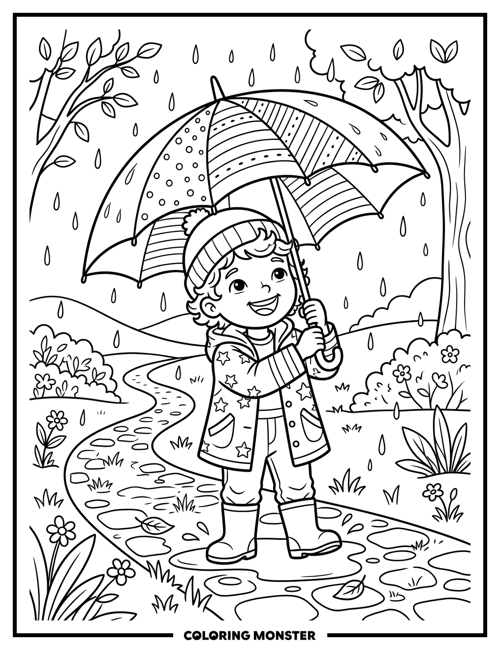 Child Holding Large Umbrella in Rain Coloring Page