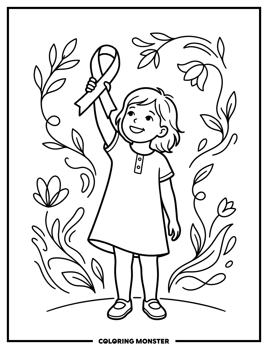 Child Holding Pink Ribbon Coloring Page