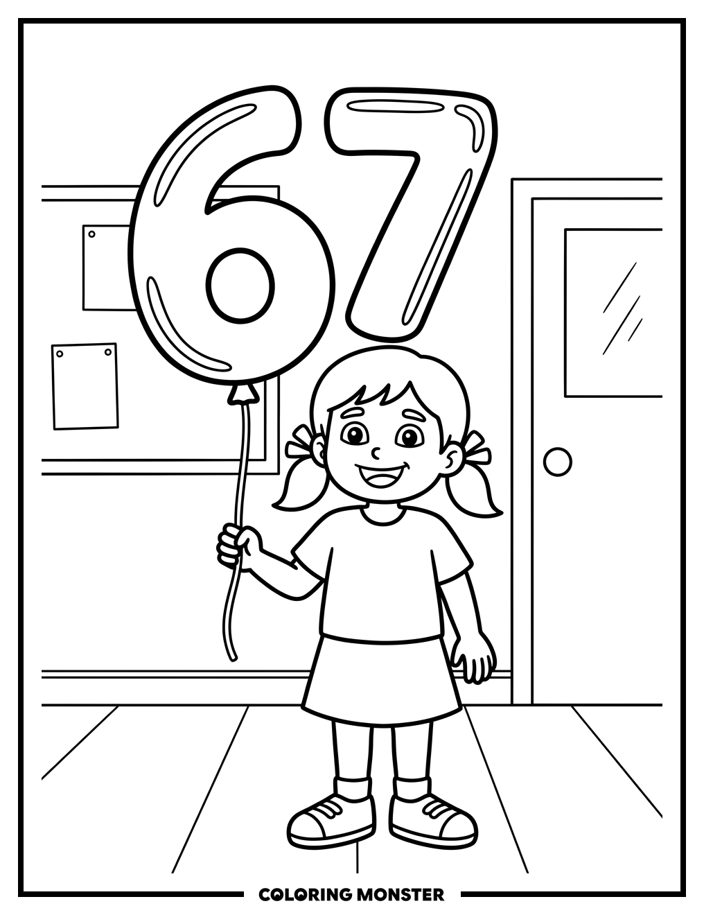 Child Holds Giant Number 67 Balloon Coloring Page