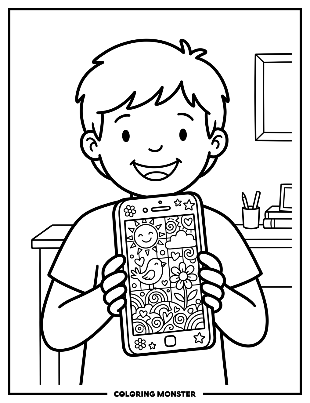 Child Holds Smartphone Showing Artwork Coloring Page