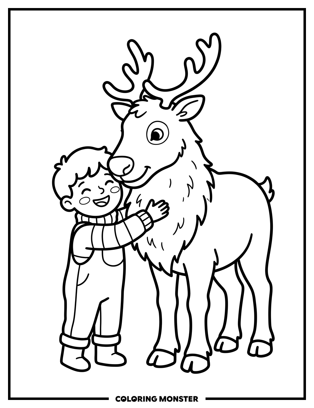 Child Hugging Gentle Reindeer Coloring Page