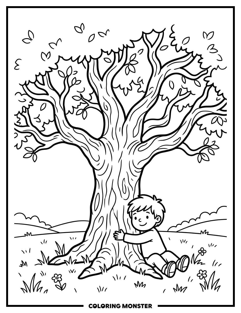 Child Hugs Old Tree Coloring Page