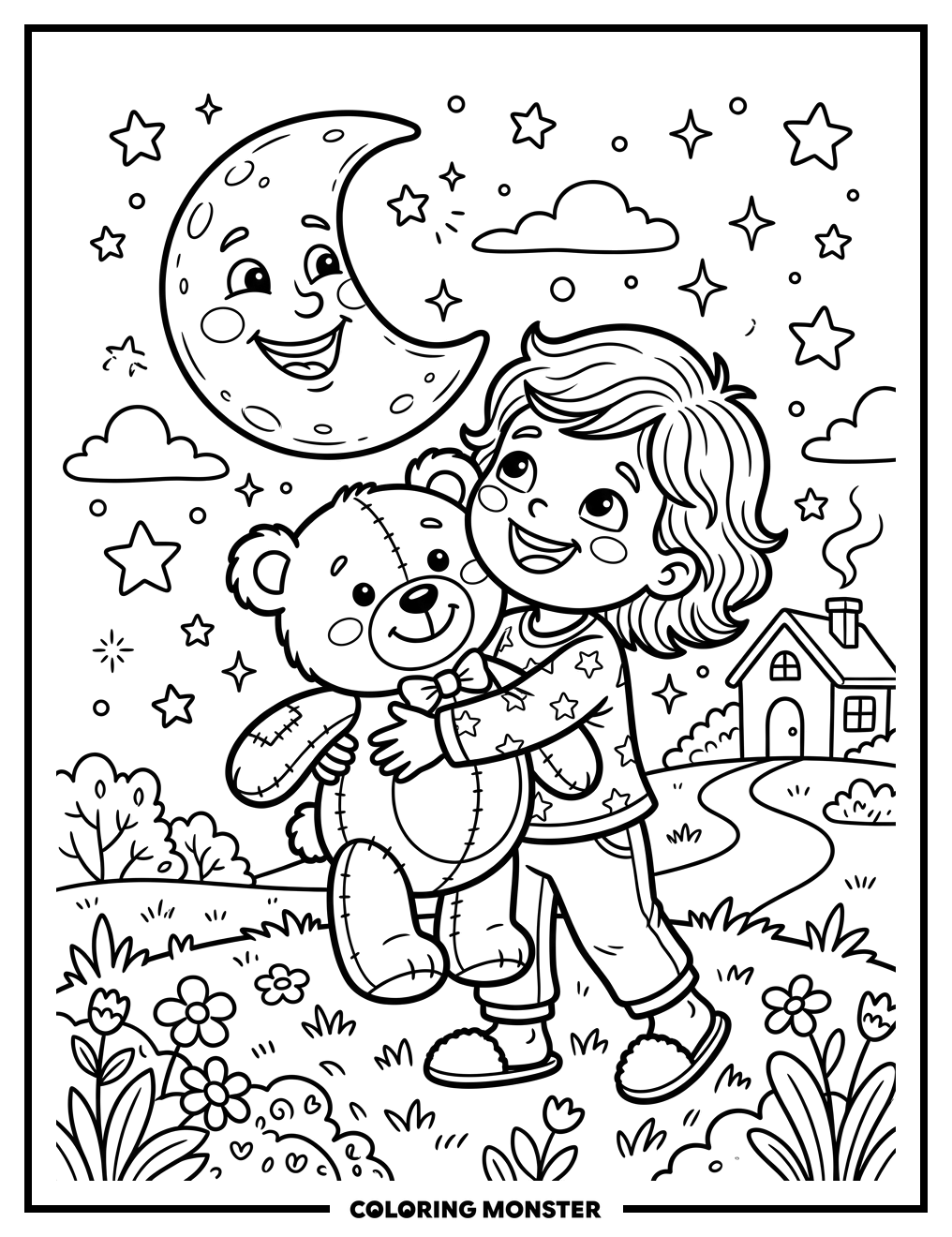 Child Hugs Teddy Bear Under Smiling Moon Coloring Page
