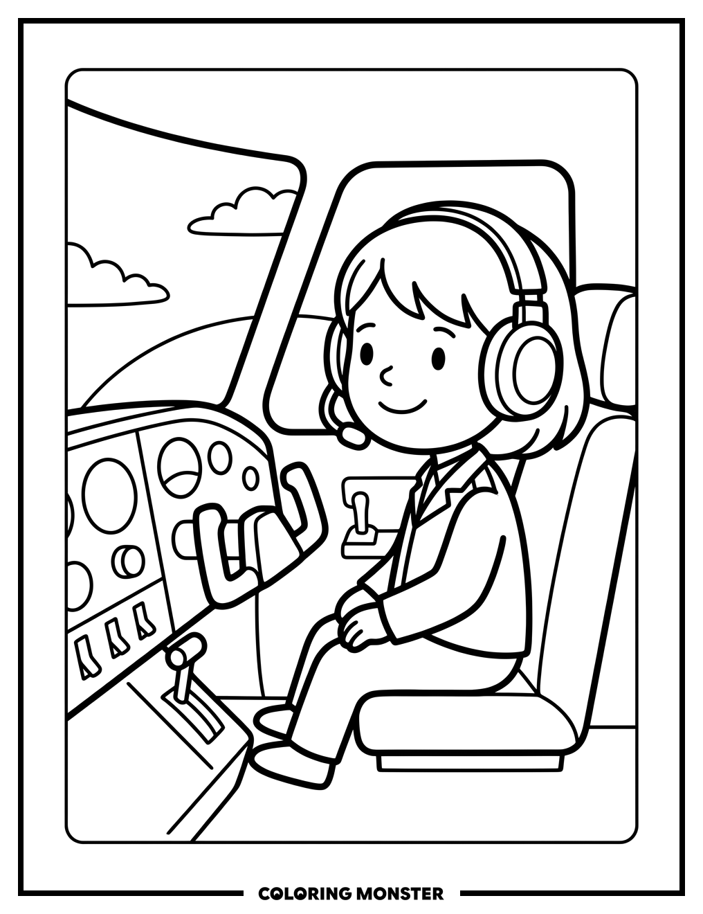 Child in Airplane Cockpit Coloring Page