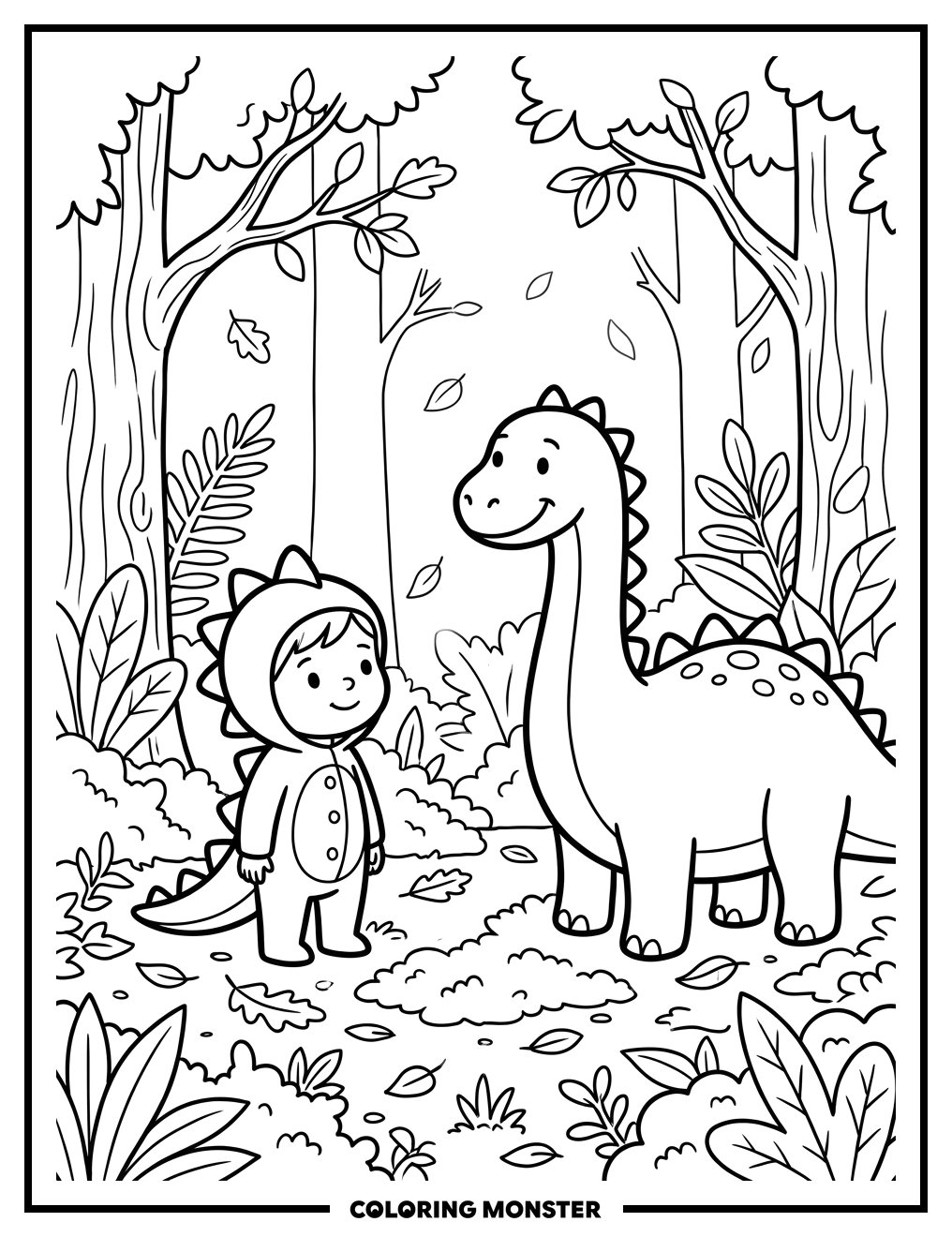 Child in Dinosaur Costume Meets Dinosaur Coloring Page
