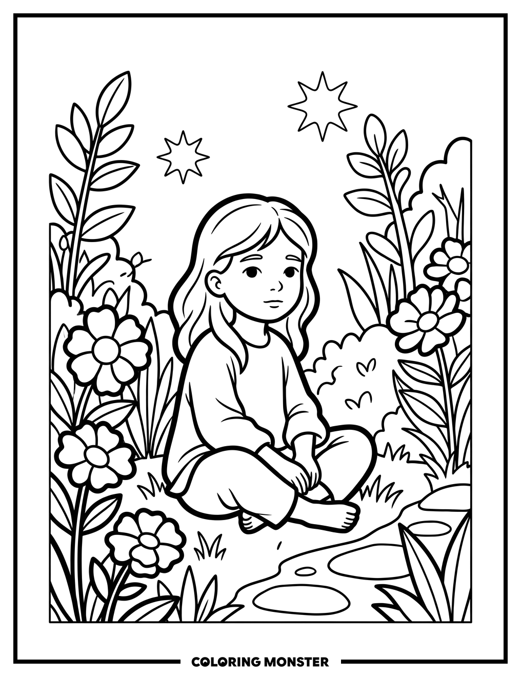 Child in Garden With Glowing Flowers Coloring Page