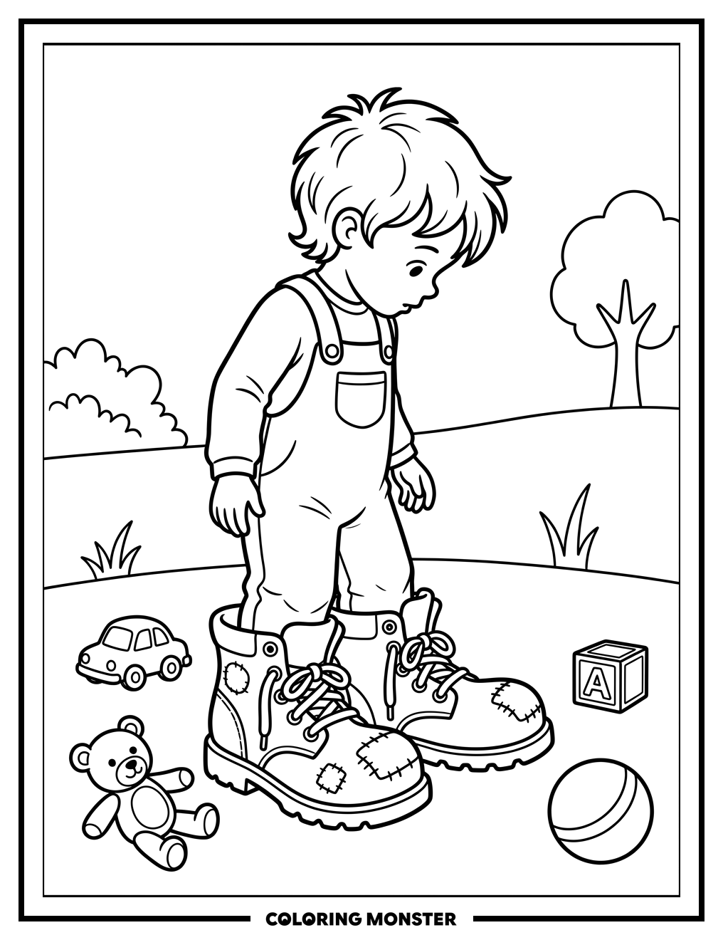 Child in Giant Colorful Boots Coloring Page