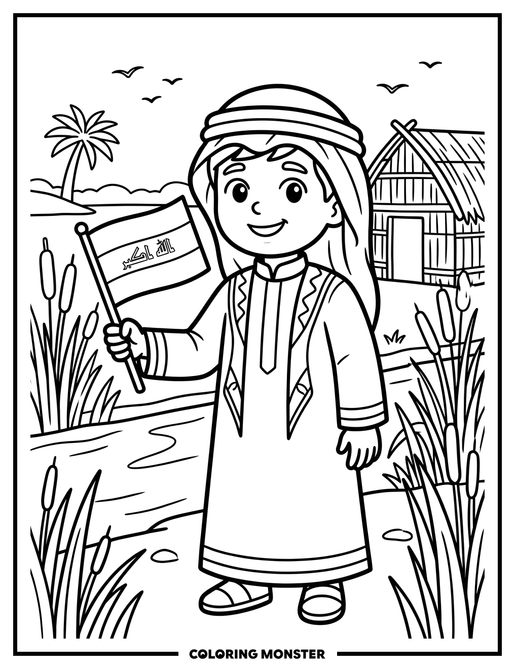 Child in Traditional Thobe with Iraqi Flag Coloring Page