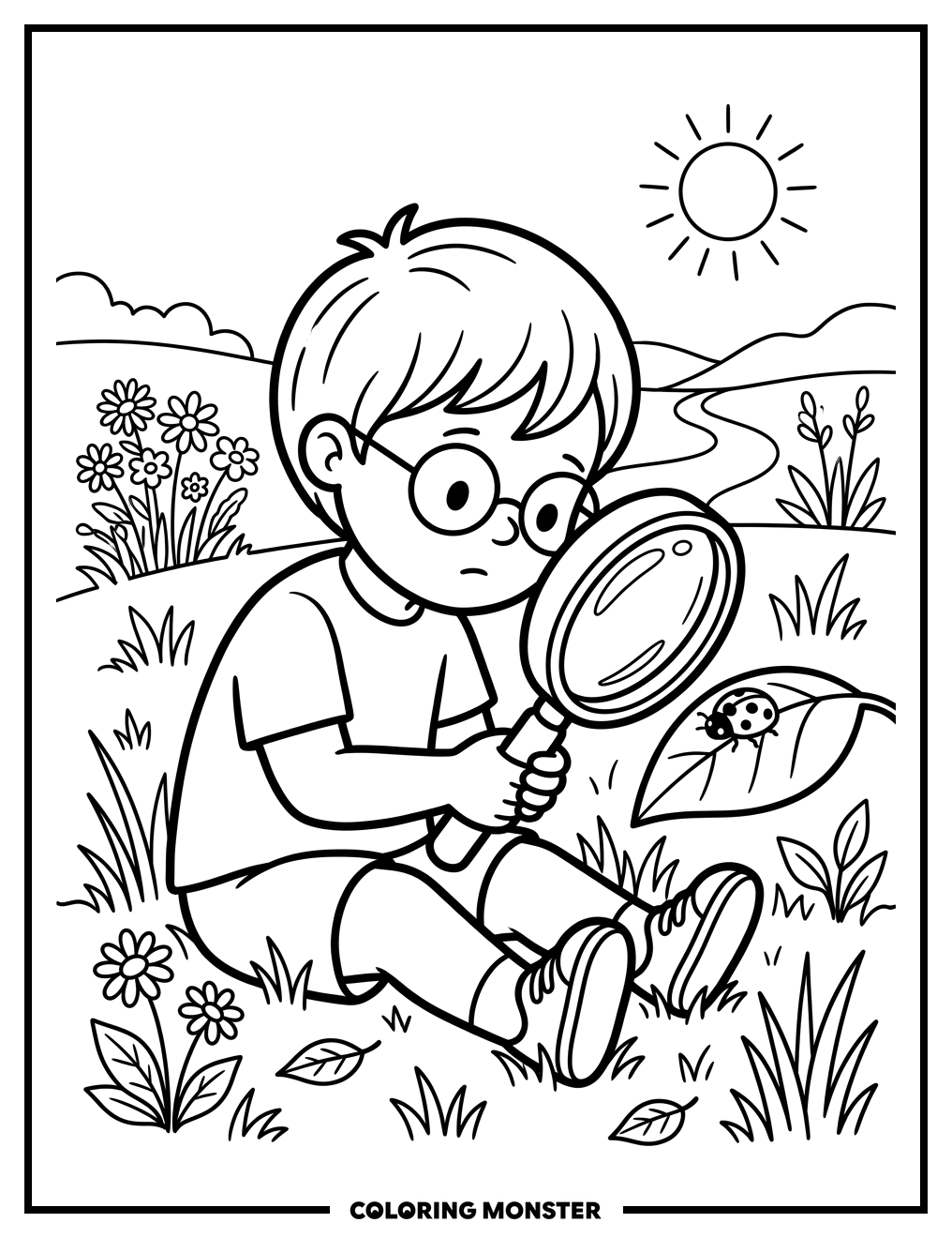 Child Inspects Ladybug Coloring Page