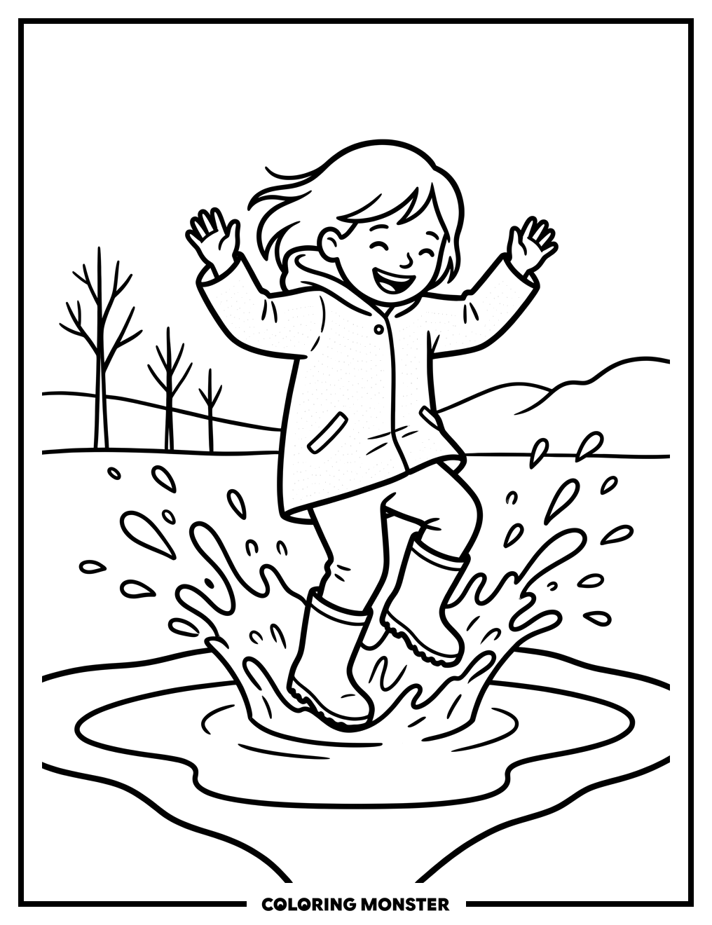 Child Jumps in Puddle Coloring Page