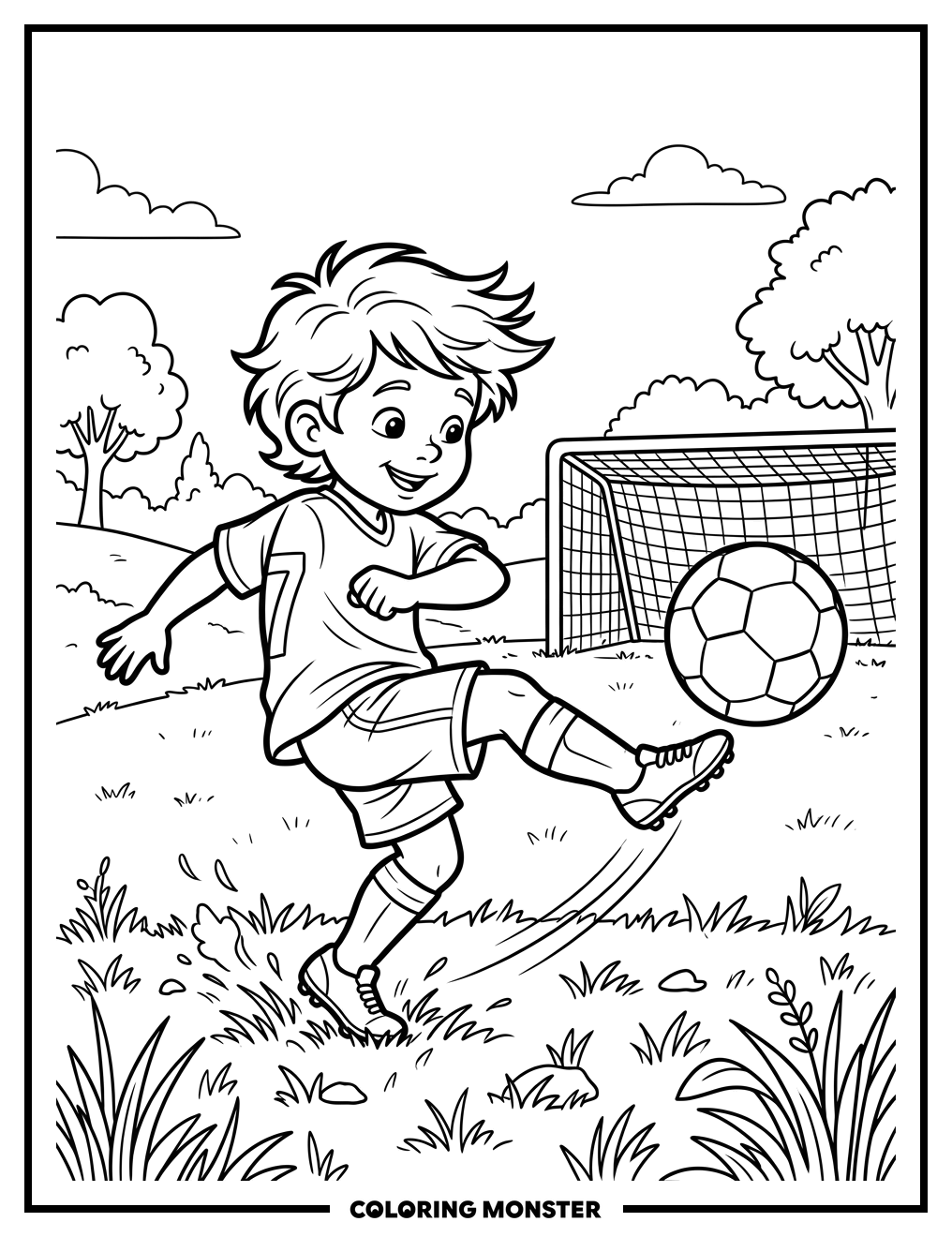 Child Kicking Soccer Ball Coloring Page