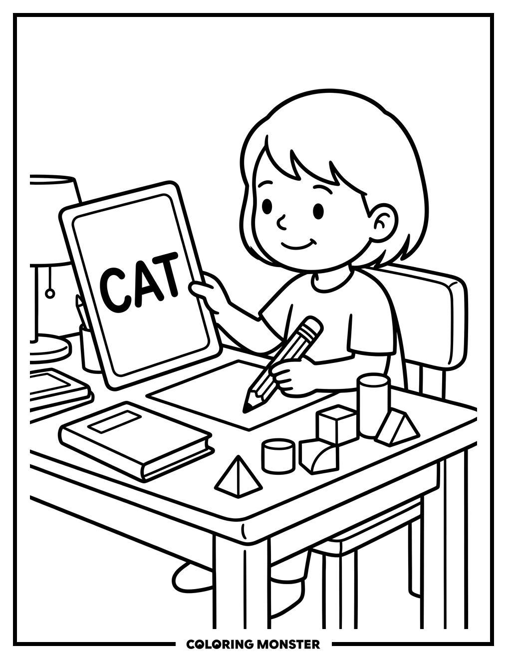 Child Learning Sight Words Coloring Page