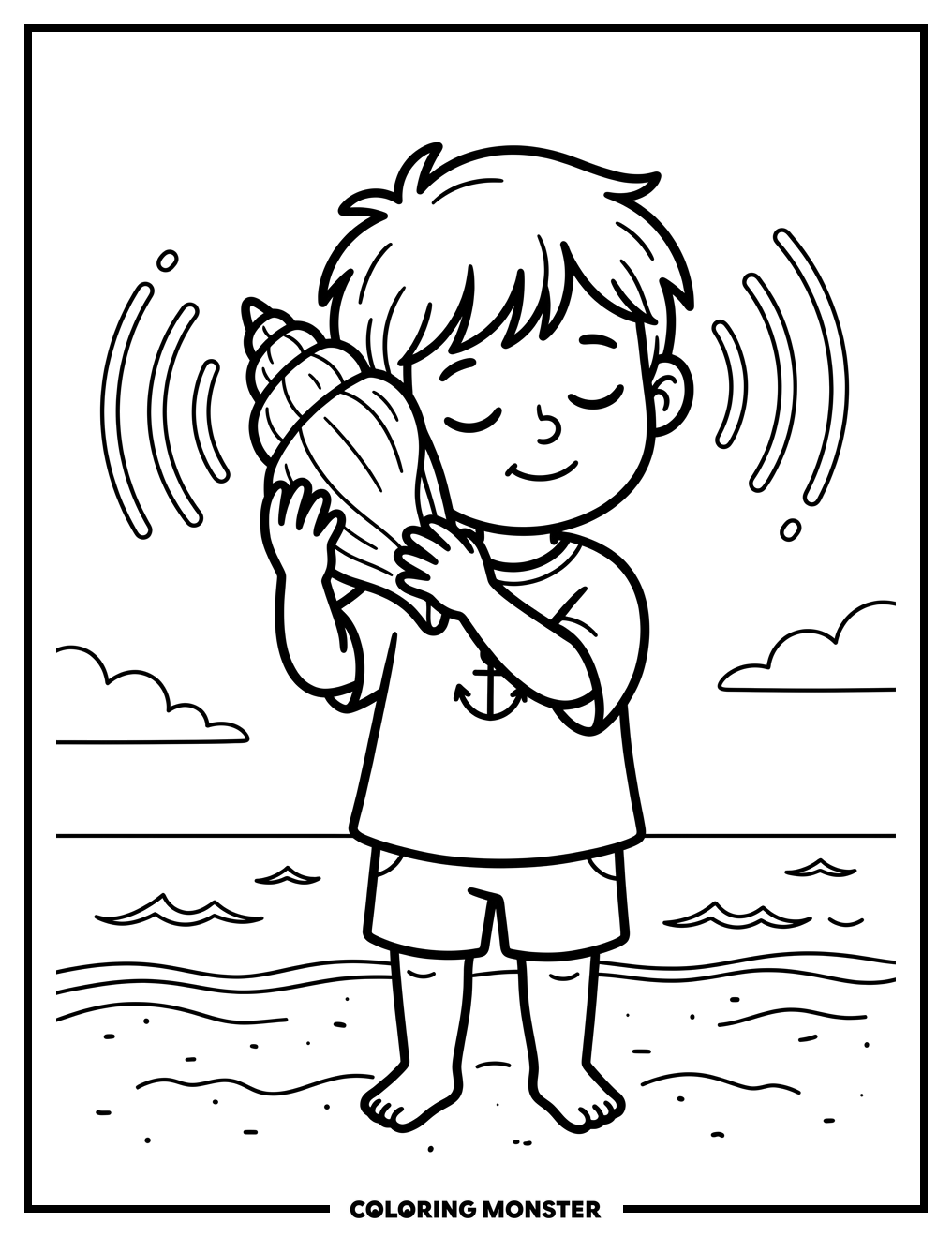 Child Listening to a Seashell Coloring Page
