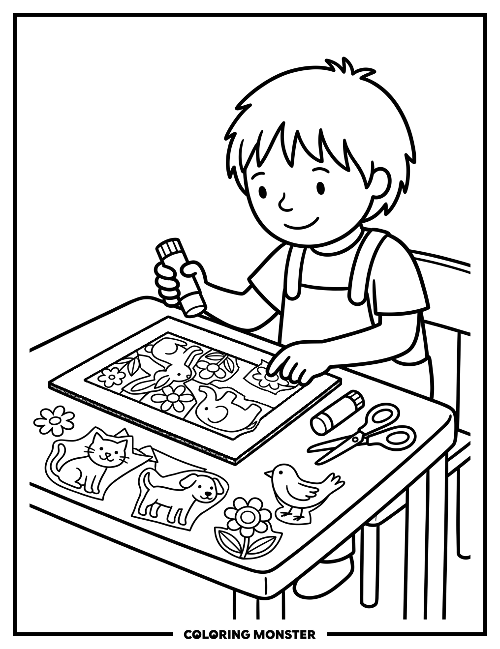 Child Makes Colorful Paper Mosaic Coloring Page