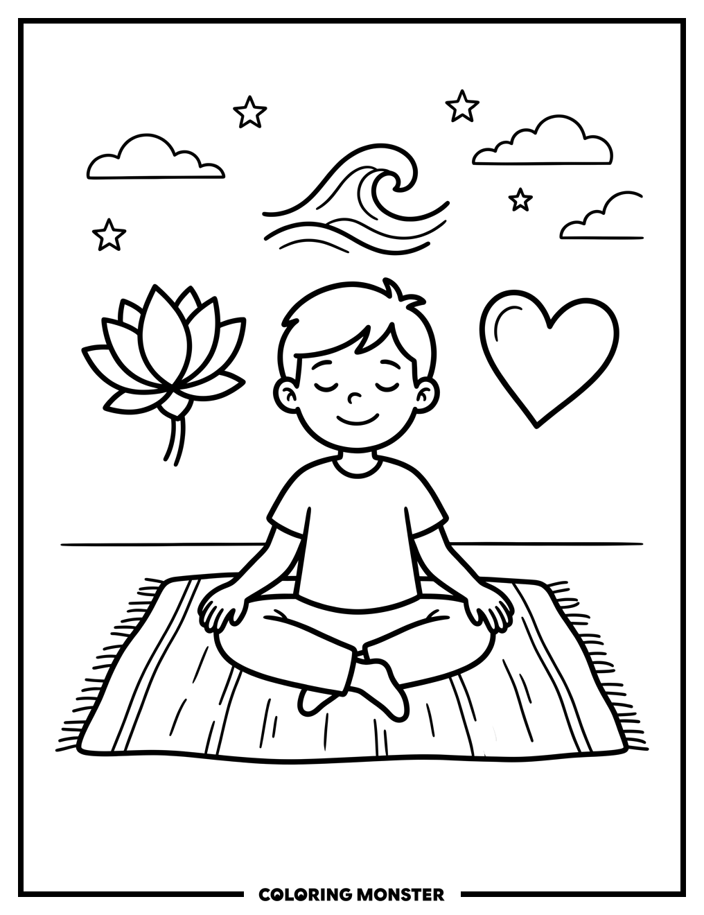 Child Meditating with Peace Symbols Coloring Page