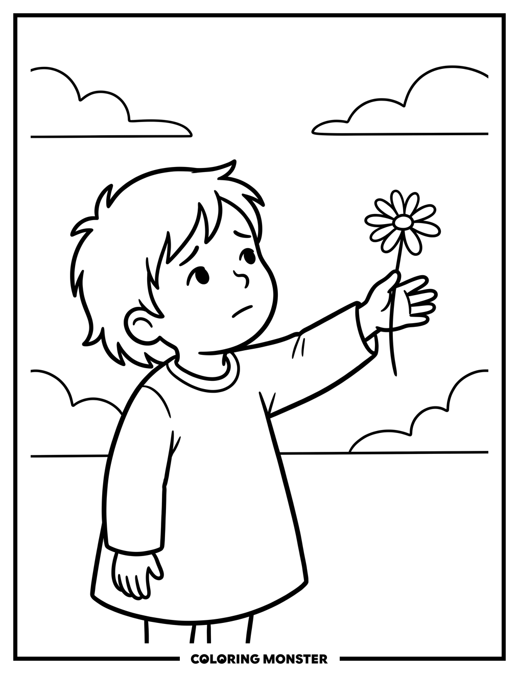 Child Offering a Daisy Coloring Page