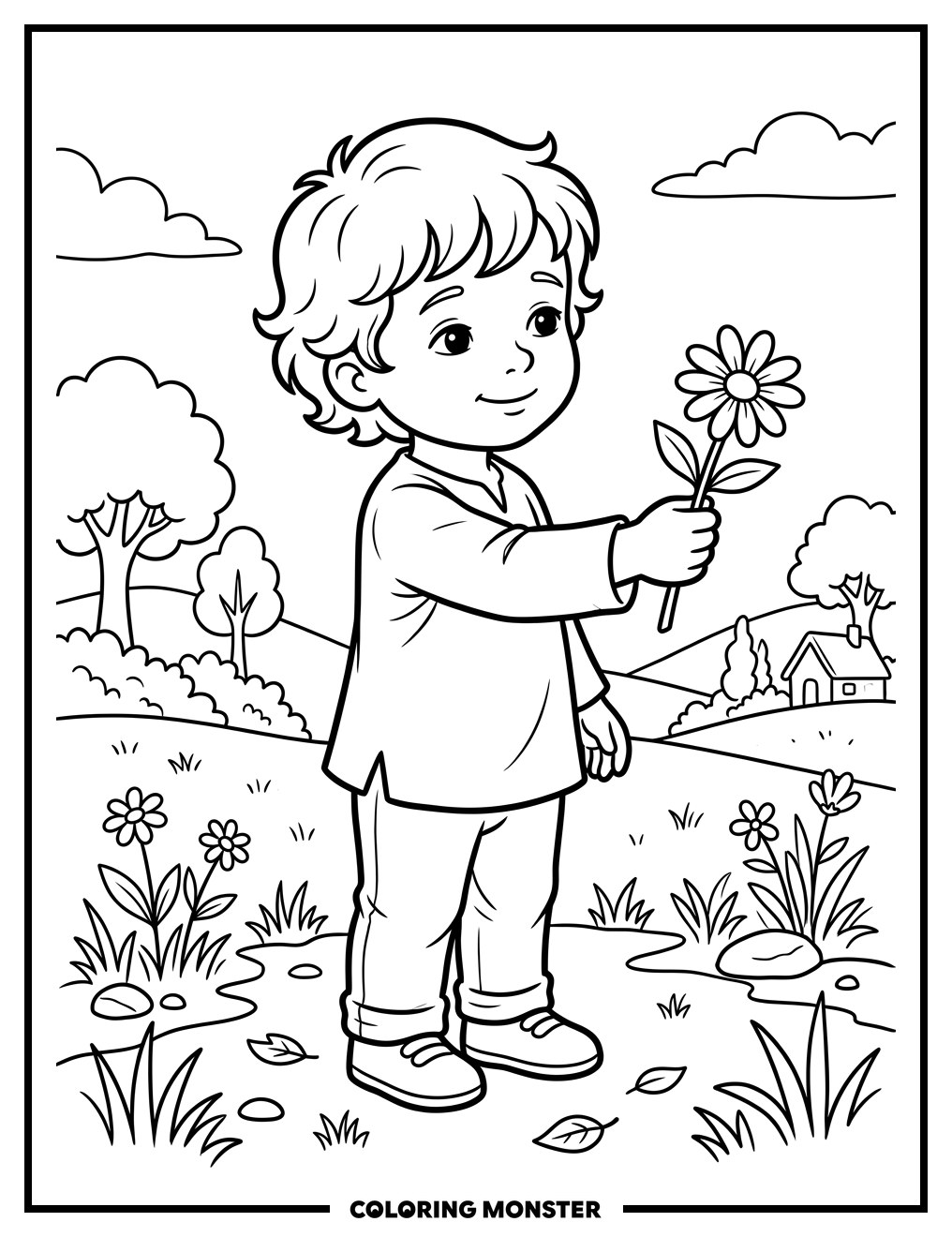 Child Offering a Flower Coloring Page
