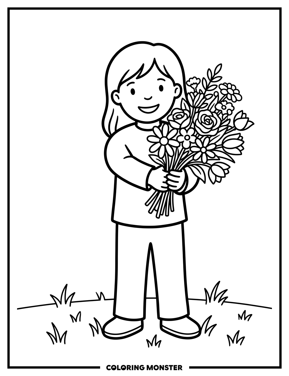 Child Offers a Bouquet Coloring Page