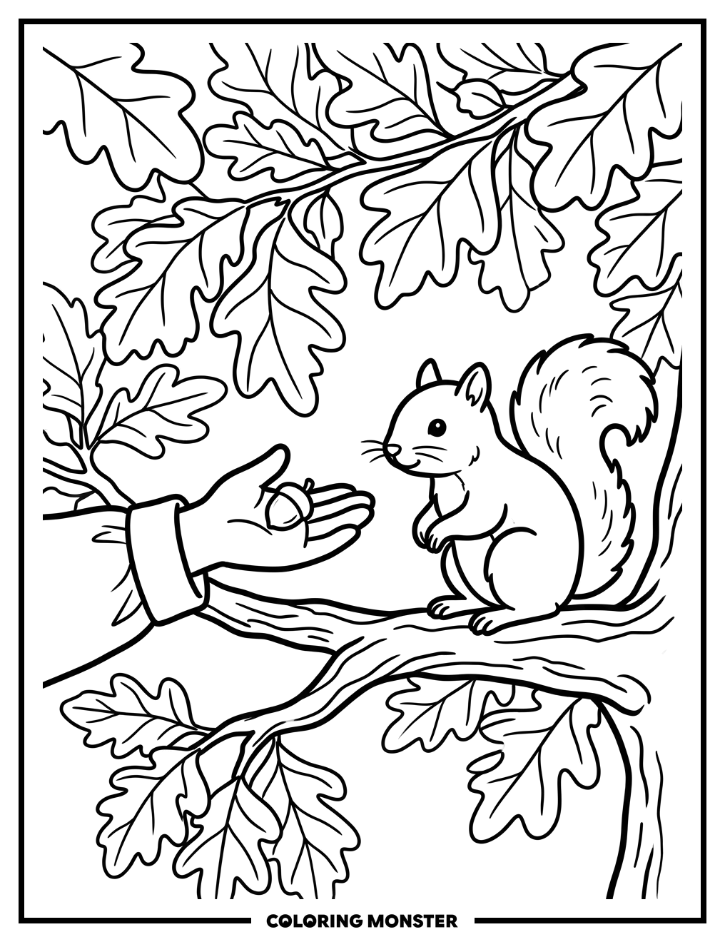 Child Offers Acorn To Squirrel Coloring Page