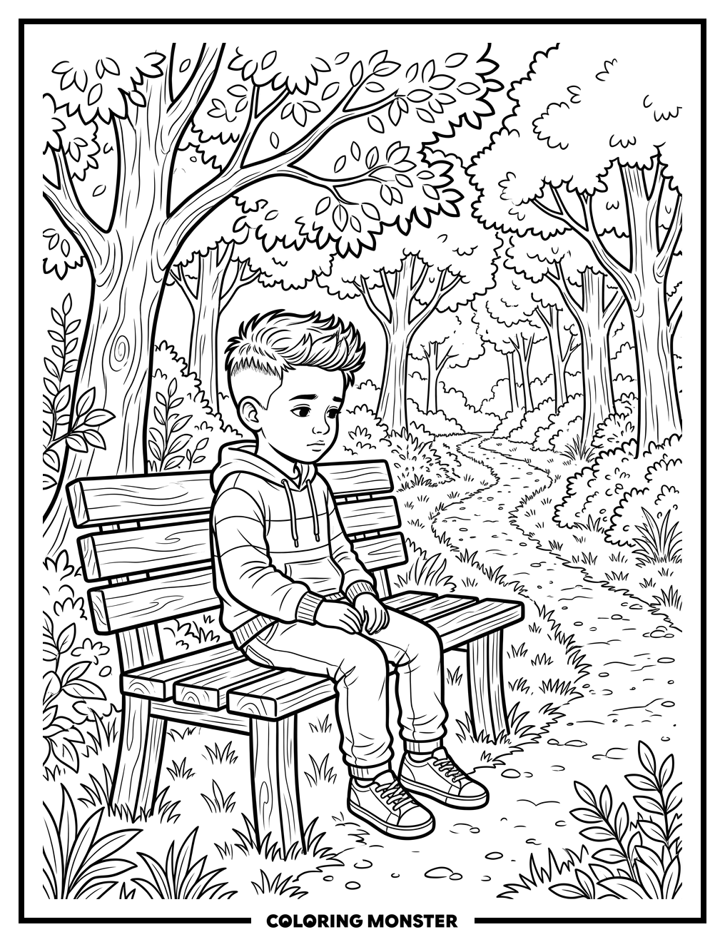 Child on Park Bench Coloring Page