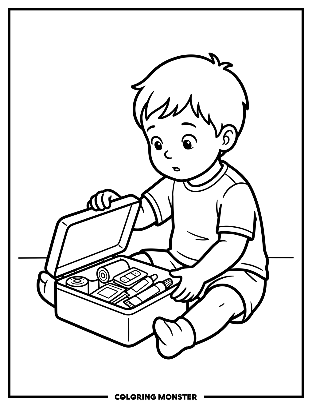 Child Opens First Aid Kit Coloring Page