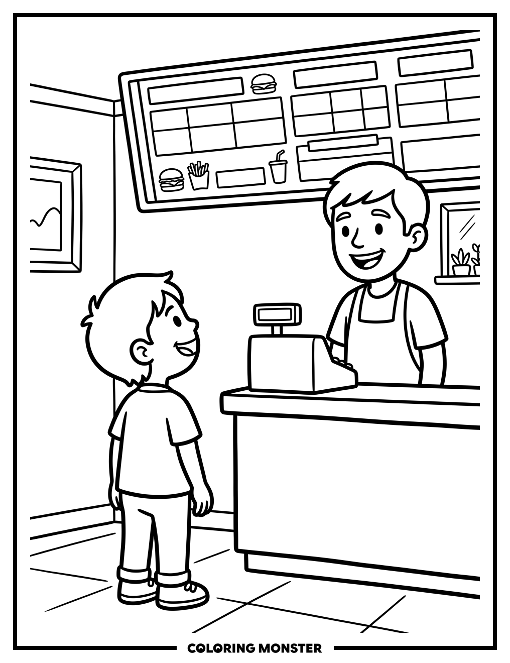 Child Ordering at a Restaurant Counter Coloring Page