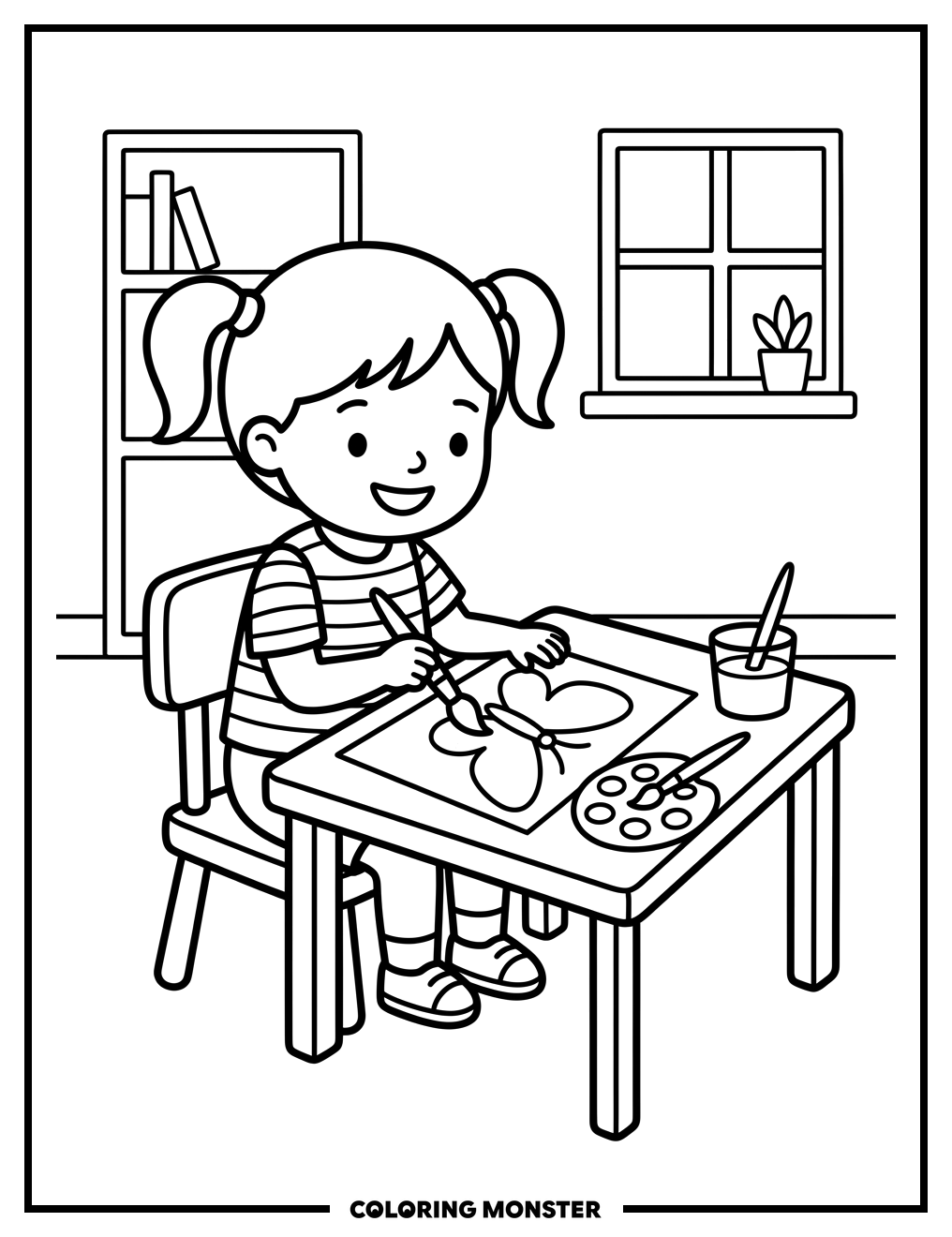 Child Painting a Butterfly Coloring Page